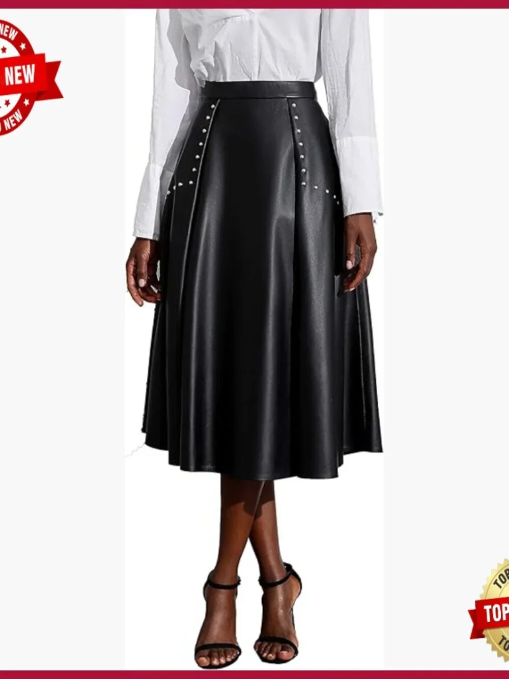 High Waisted Genuine Leather Pleated Skater Midi Skirt